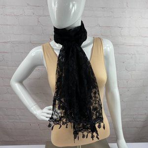 NWT Rikka Black Lace Long Scarf with Lace Fringe